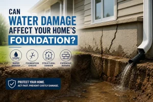 House foundation with visible cracks and water pooling around the base showing how water damage can weaken a home's foundation.