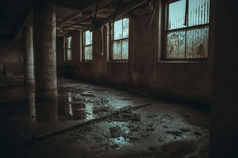 Water accumulation inside a dark property after severe flood damage