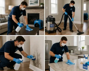 Professional restoration team cleaning a home after water damage in Oakville
